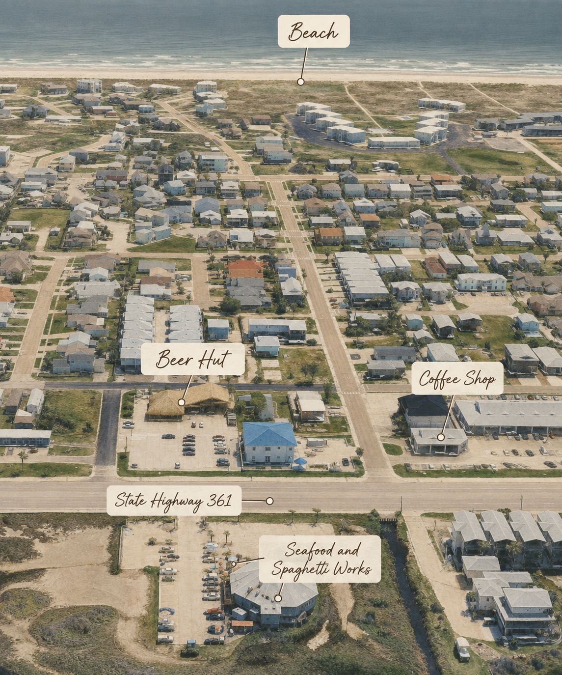 Aerial map showing the 919 Building location on State Highway 361 in Port Aransas, with nearby Beer Hut, Coffee Shop, Seafood and Spaghetti Works, and a short walk to the beach